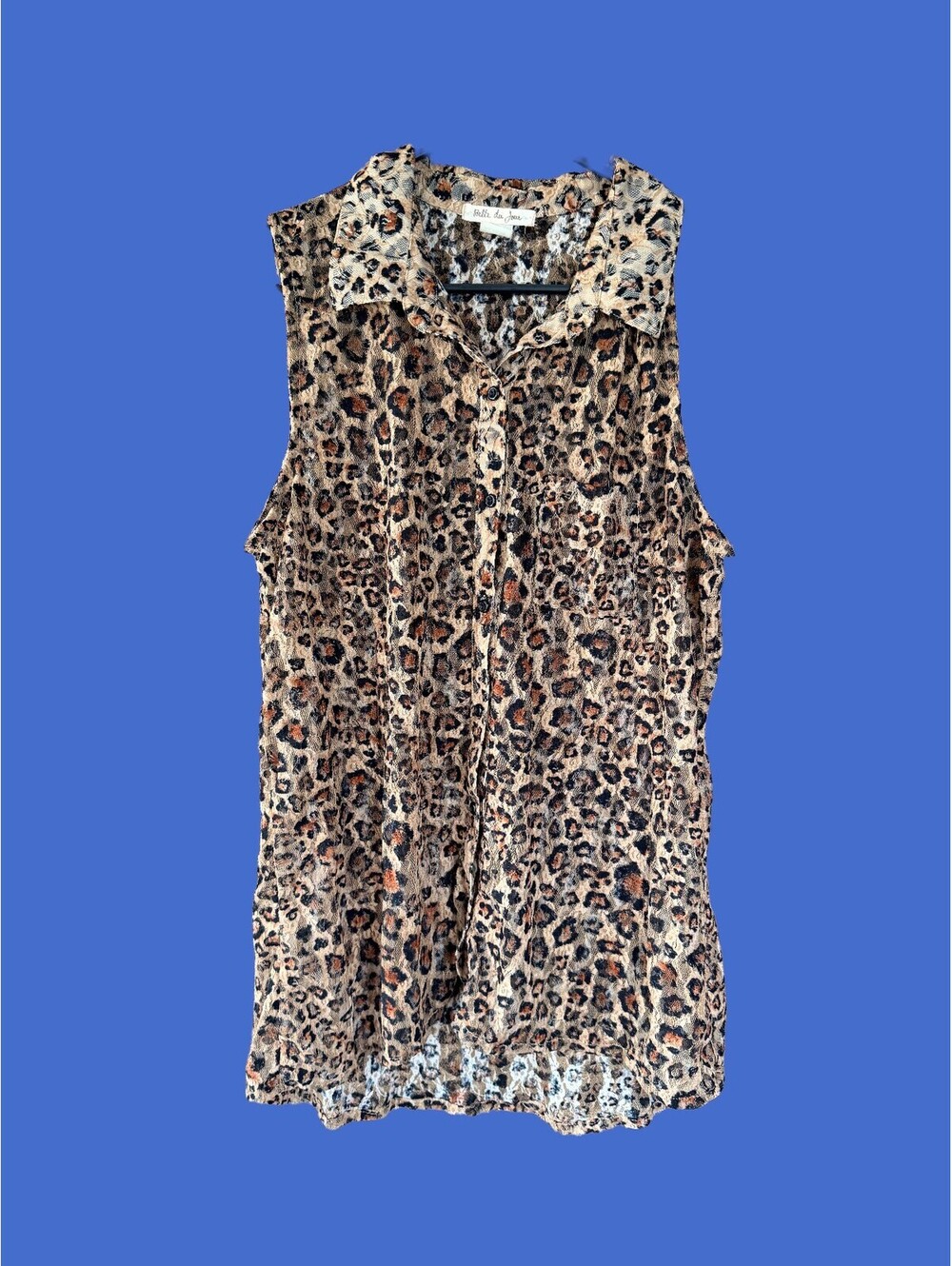 Belle du Jour Sheer Leopard Lace Sleeveless Button Down Tunic Top Grunge L